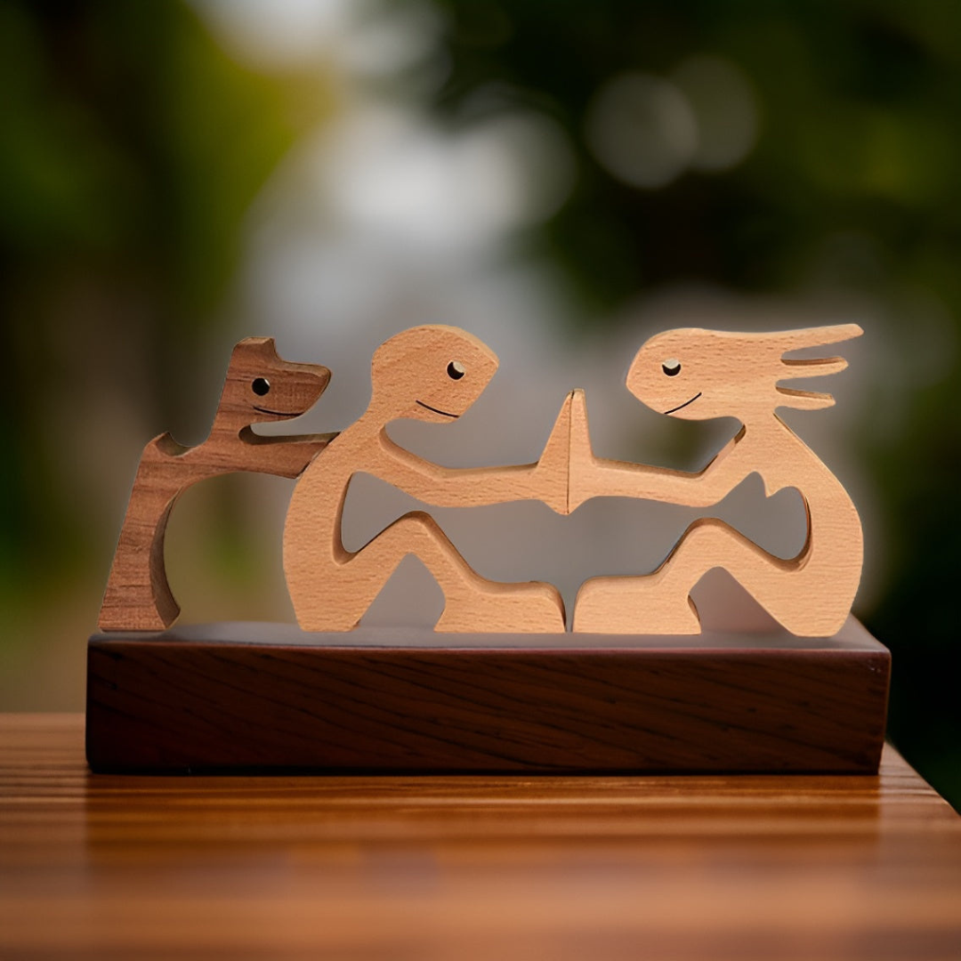 Handmade Wooden Dog & Owner Statue – Main product image