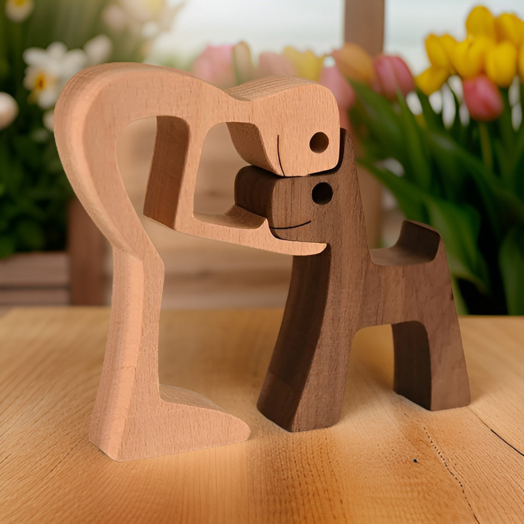 Handmade Wooden Dog & Owner Statue – Product view 3