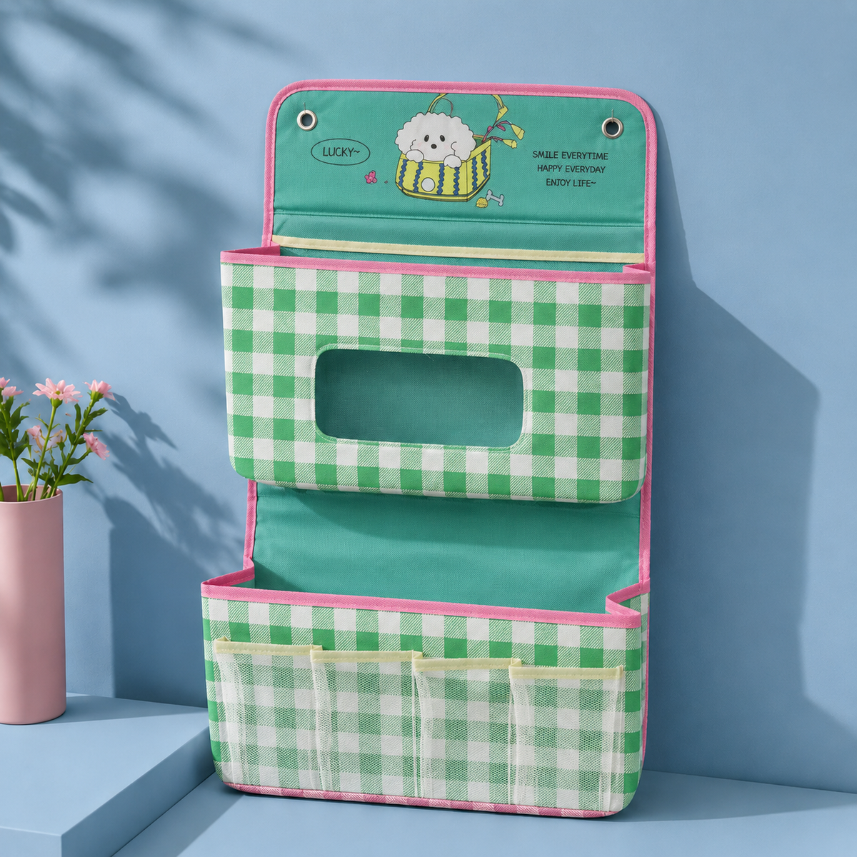 Tiered Fabric Wall Organiser - Green Gingham