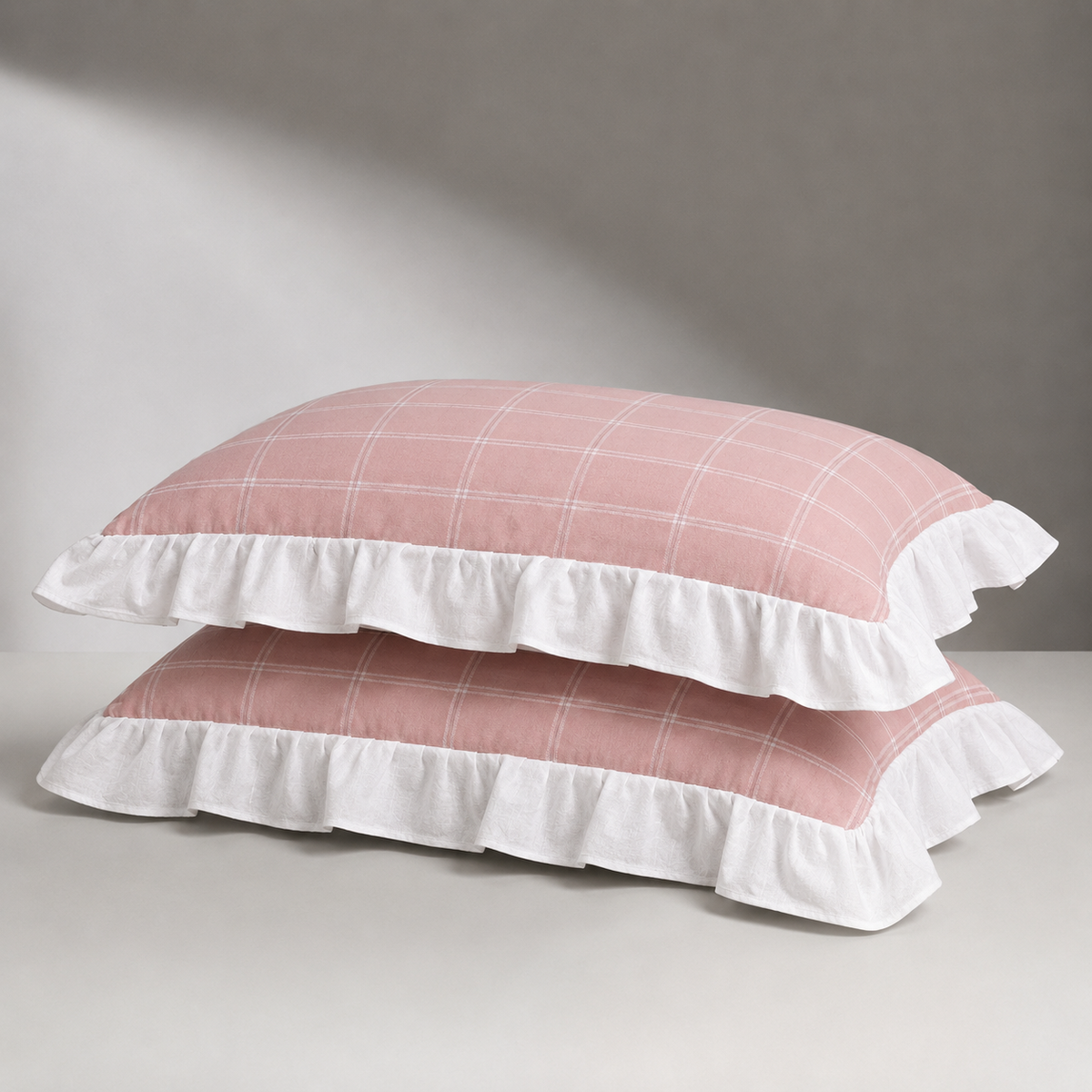 Ruffled Pillowcase - Dusty Pink Windowpane