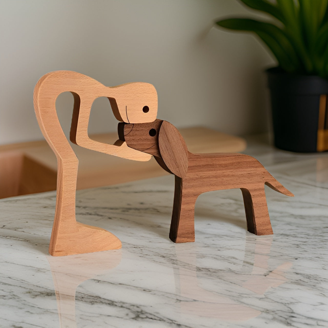 Handmade Wooden Dog & Owner Statue – Product view 4