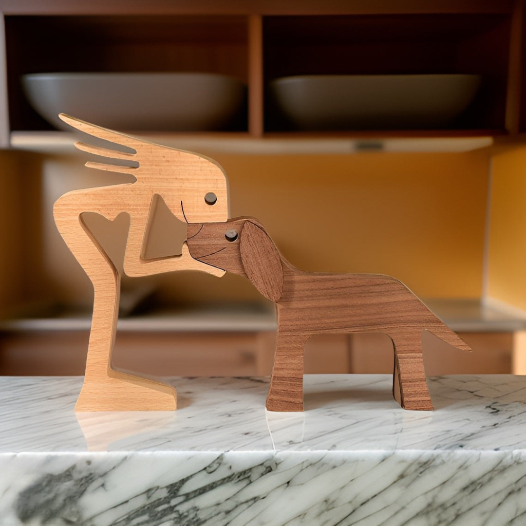 Handmade Wooden Dog & Owner Statue – Product view 2