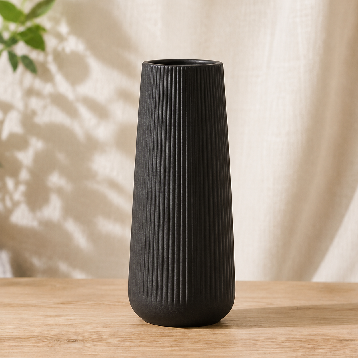 Ribbed Ceramic Vase - Matte Black