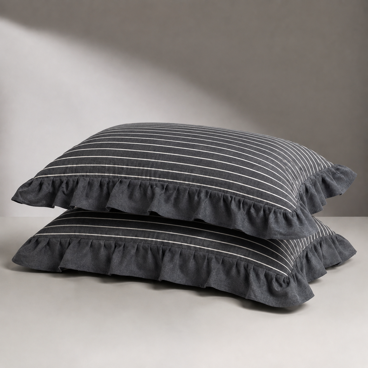 Ruffled Pillowcase - Charcoal Stripe