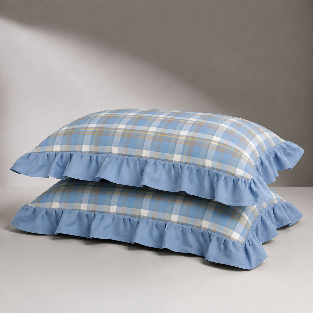 Ruffled Pillowcase - Powder Blue Plaid
